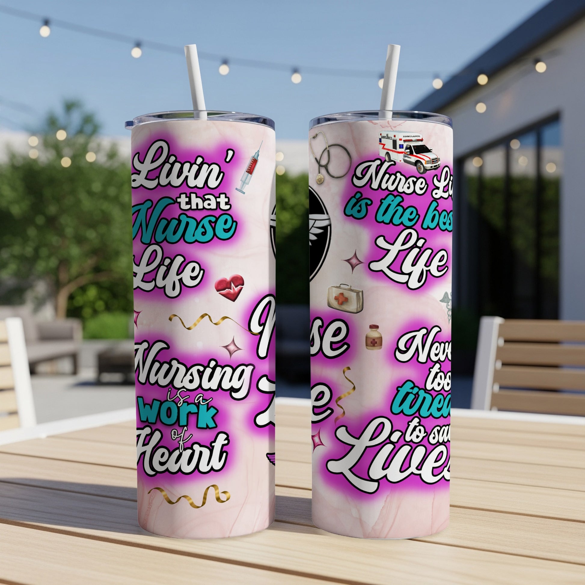Pink marbled tumbler with nurse-themed text and graphics.