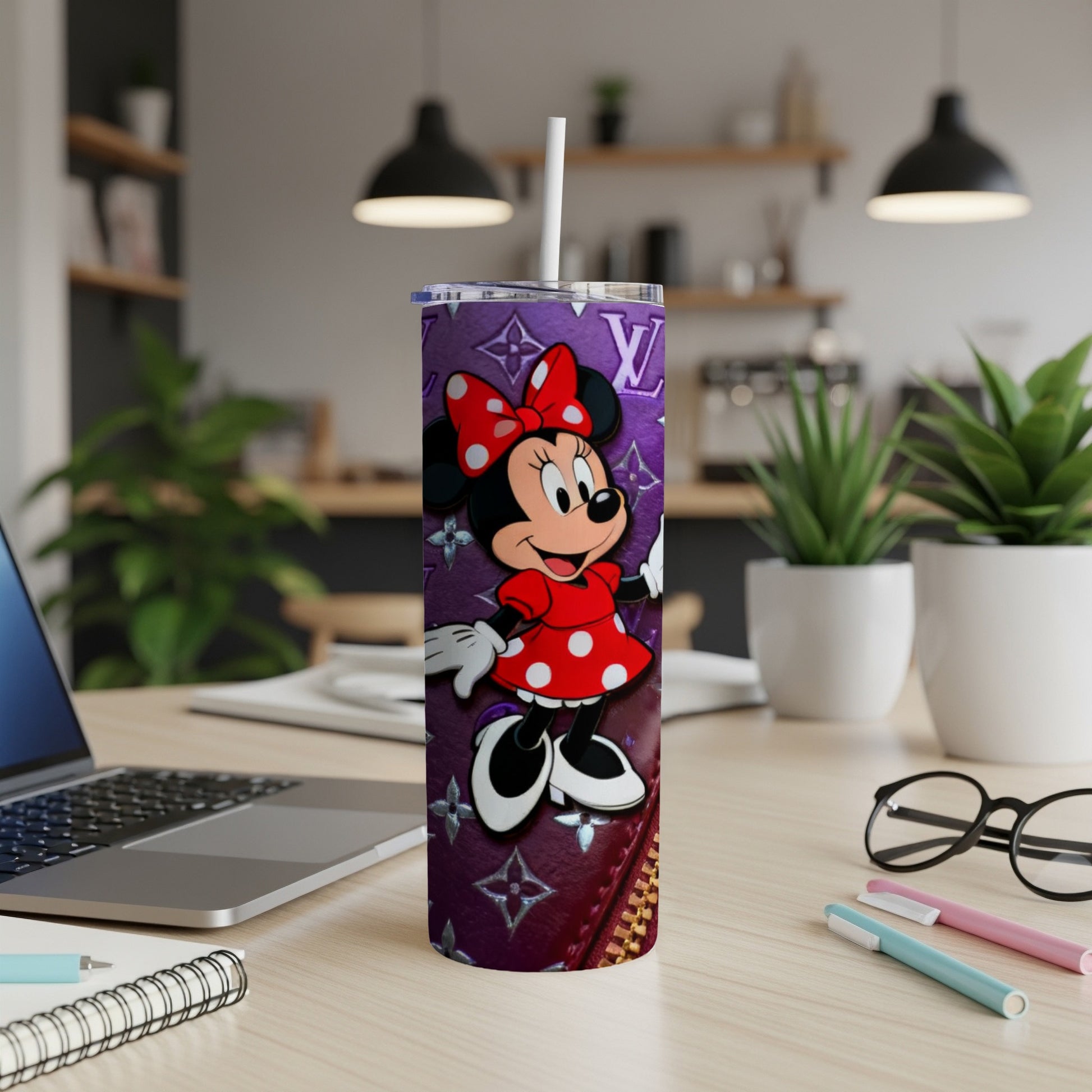 Minnie Mouse in red polka dot dress on purple LV pattern tumbler with straw.