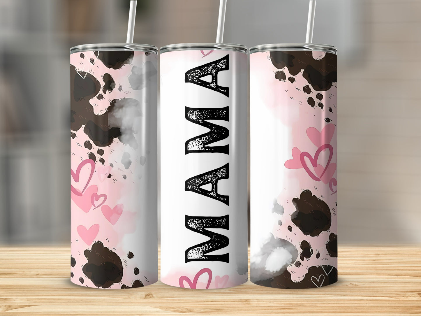 MAMA Print Heart and Cow Pattern Tumbler Cup