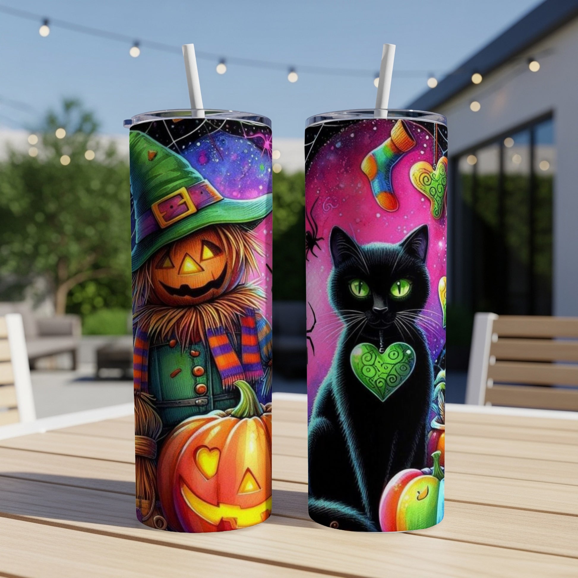 Halloween tumblers featuring a scarecrow and a black cat with pumpkins.