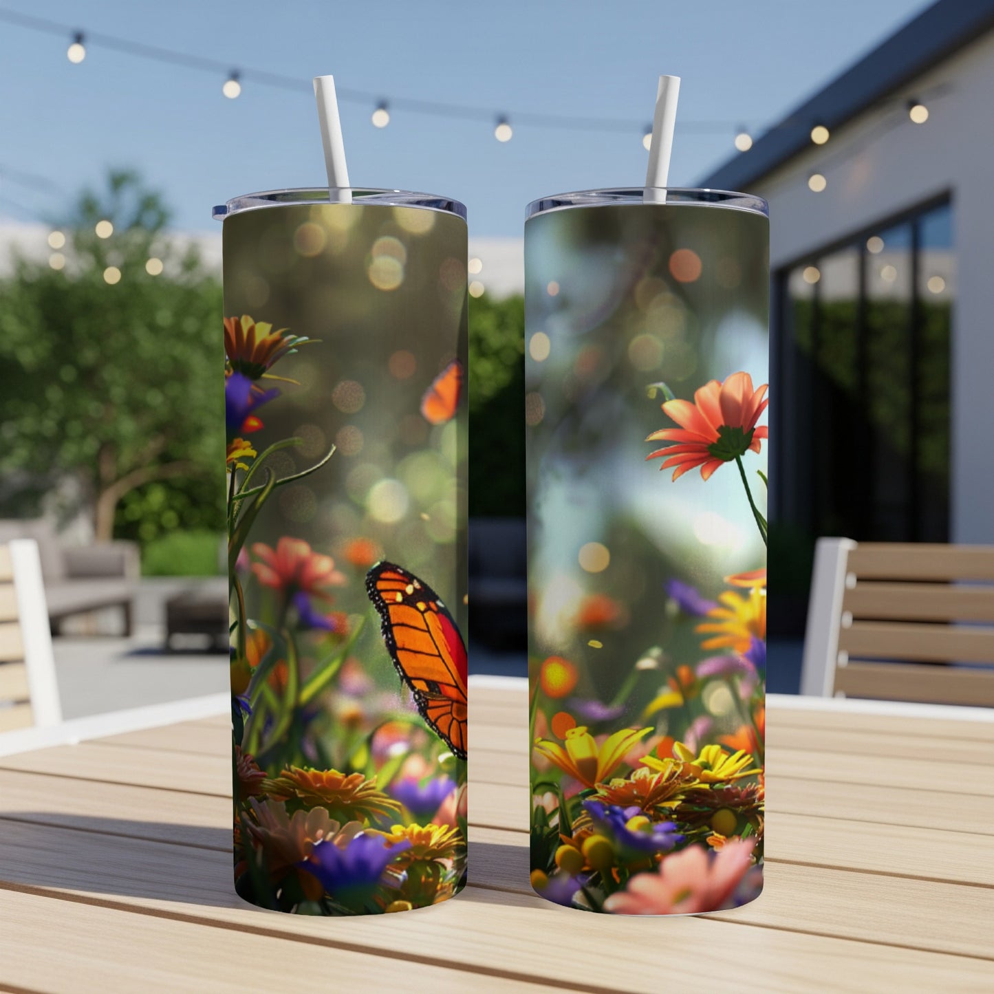 Monarch butterfly on colorful flowers, two tumblers side-by-side.