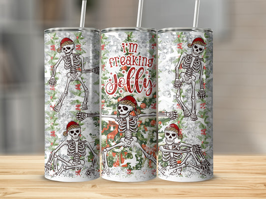 Three tumblers with skeletons, holly, and "I'm Freaking Jolly" text.