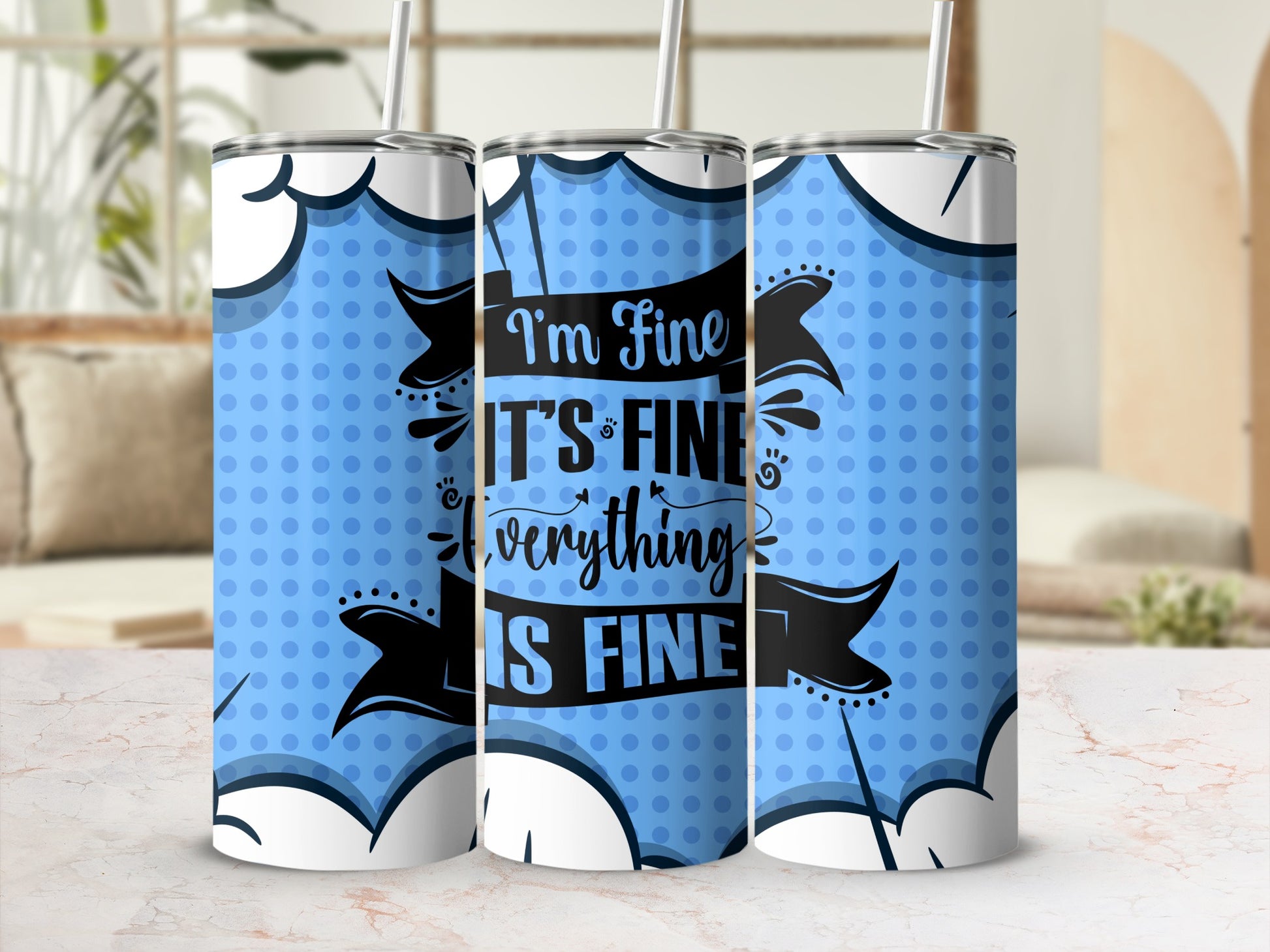 I'm Fine Everything Is Fine Blue Polka Dot Travel Mug