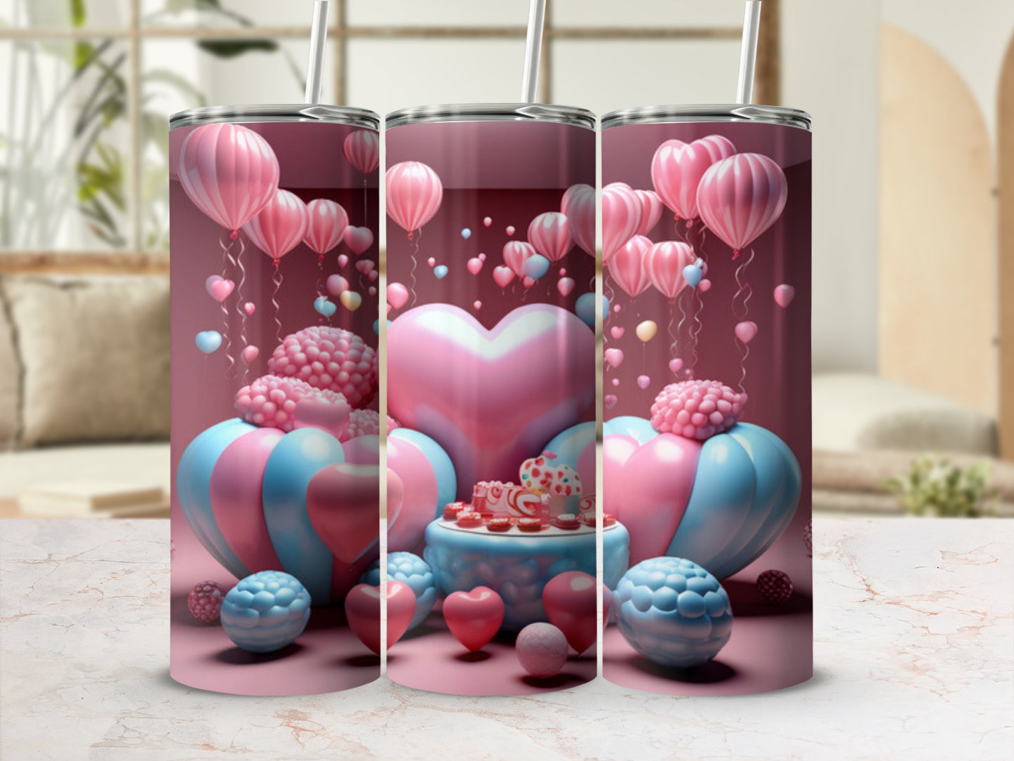 Valentine's Day themed tumbler with hearts and balloons.