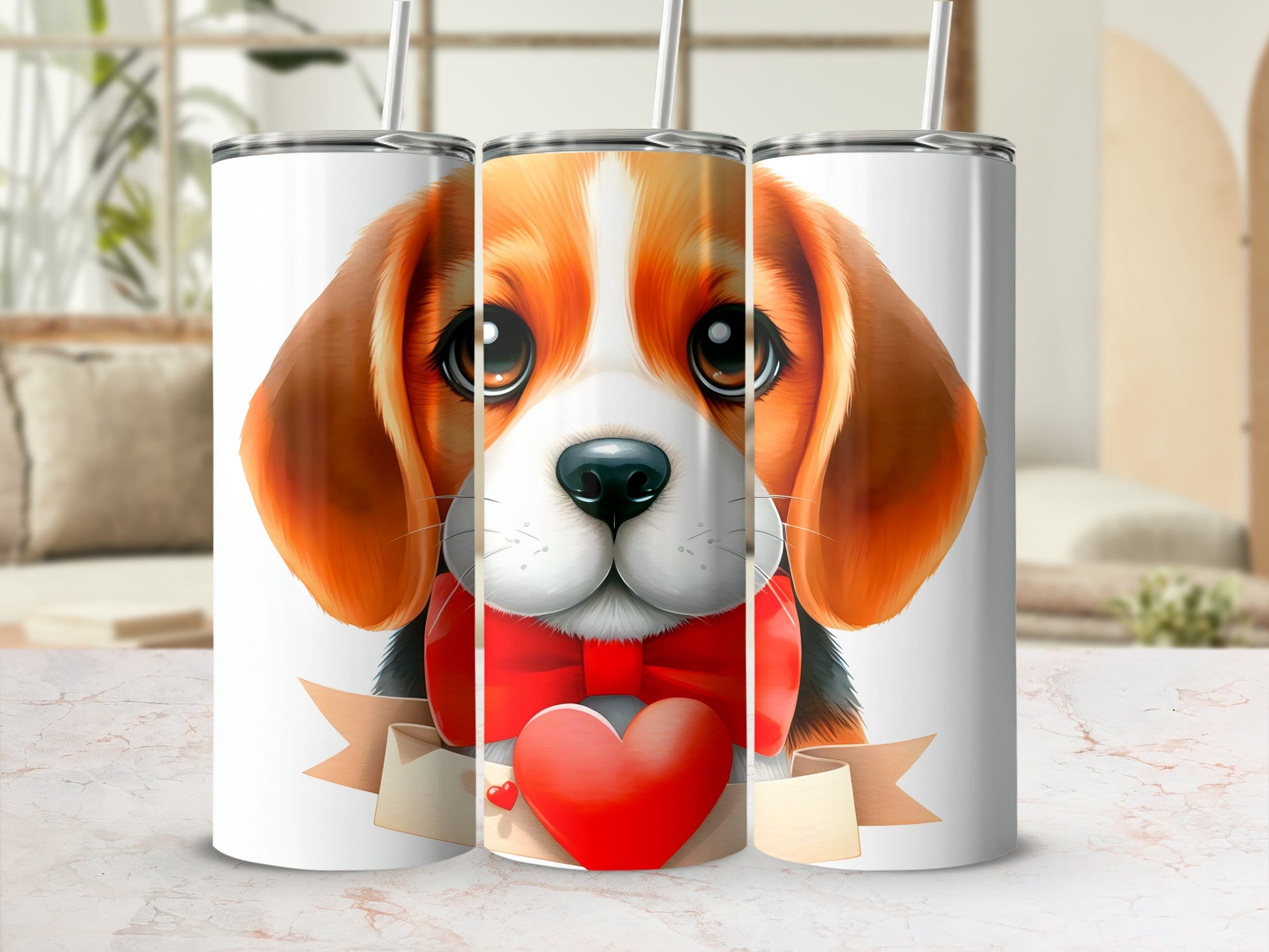 Beagle with red bow and heart on three tumblers.