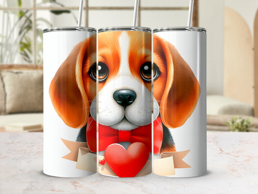 Beagle with red bow and heart on three tumblers.
