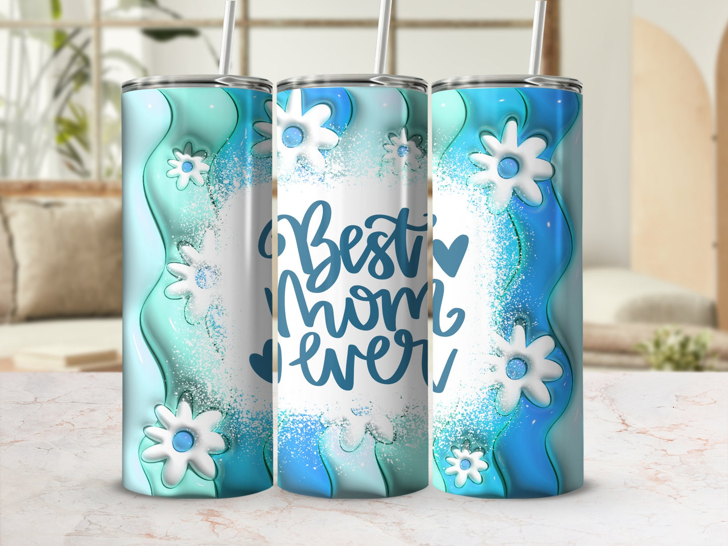 Best Mom Ever Floral Blue and White Travel Tumbler