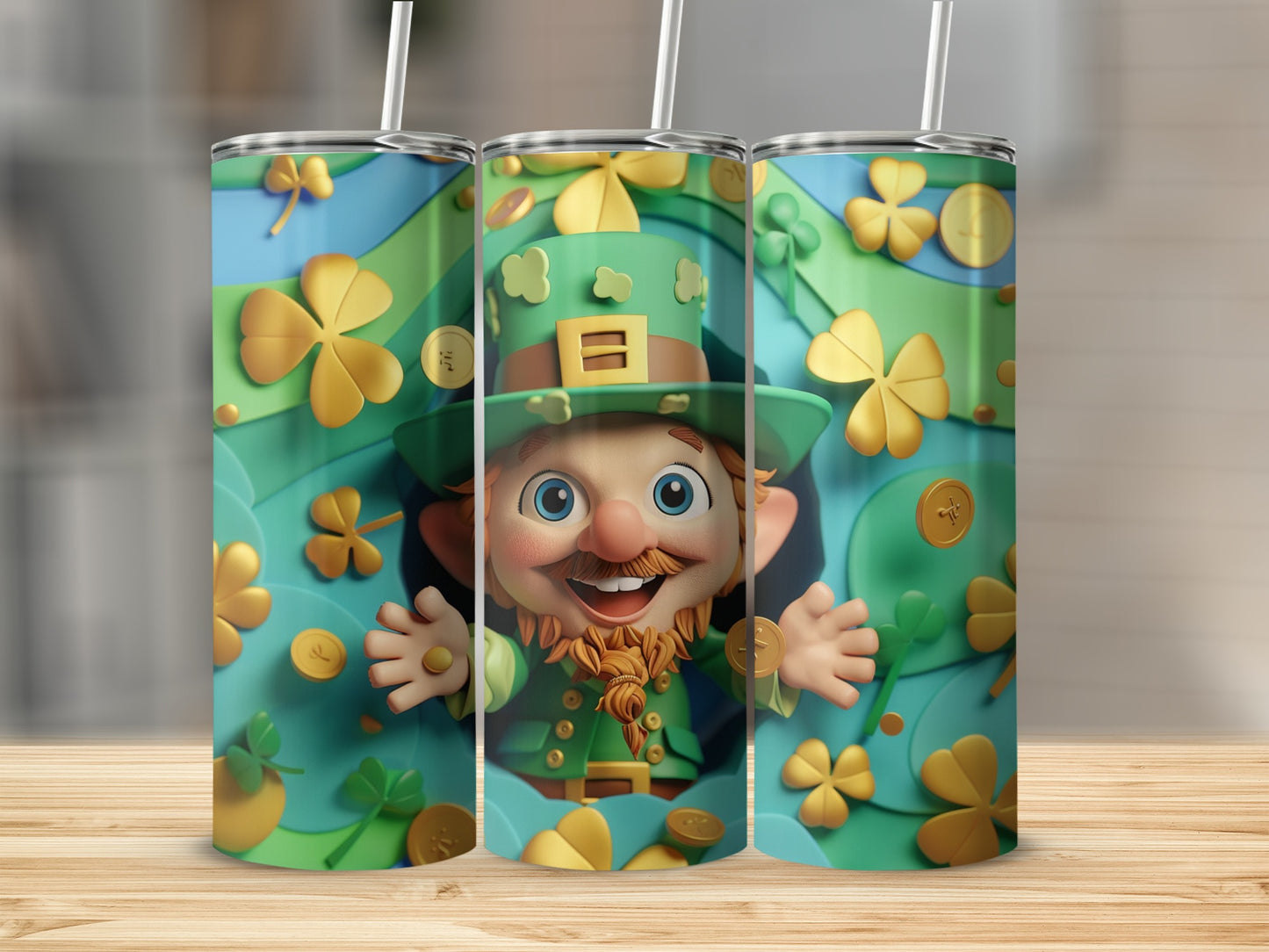 Three tumblers featuring a smiling leprechaun and shamrocks.