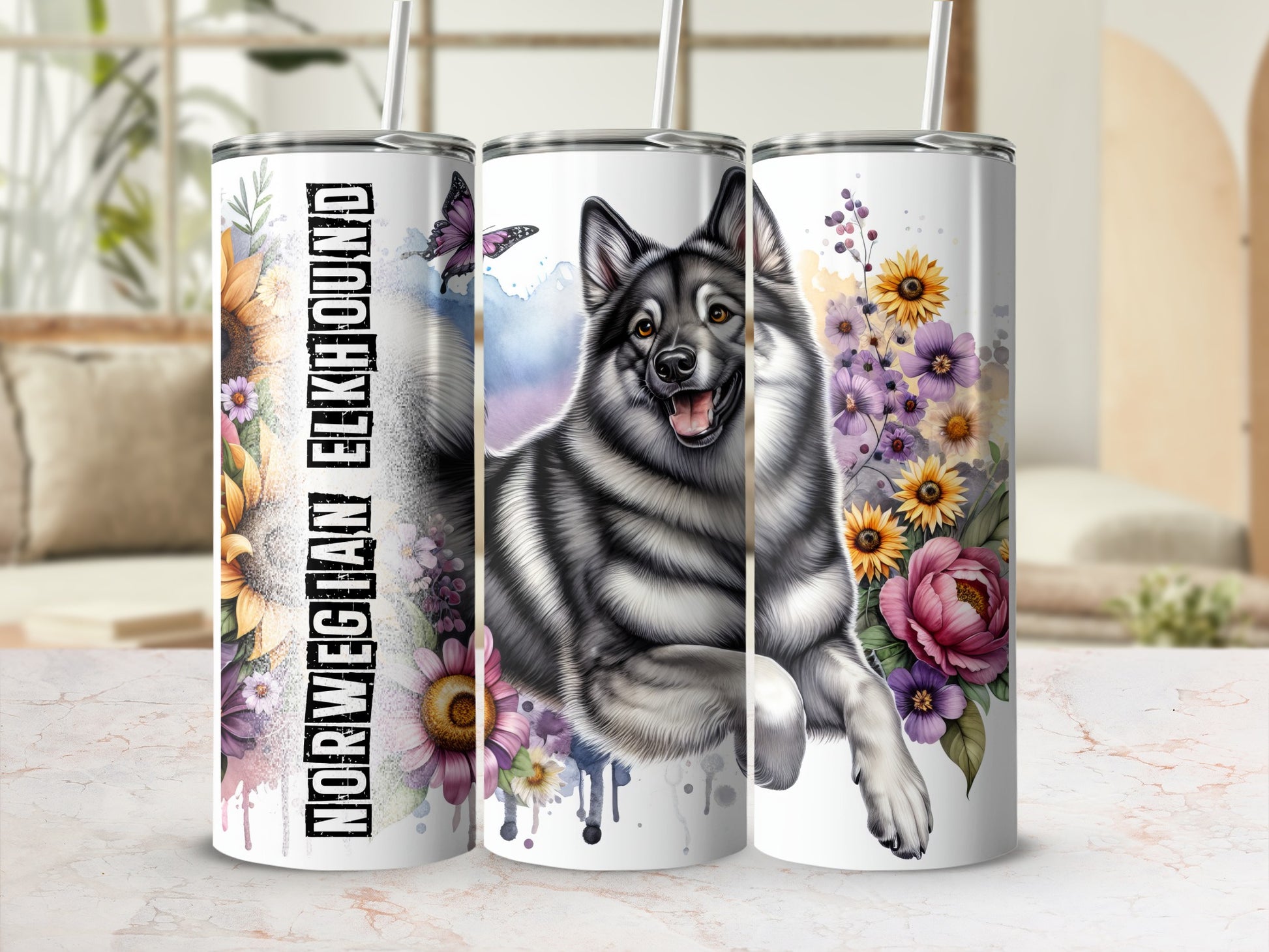 Norwegian Elkhound on a tumbler with sunflowers and wildflowers.
