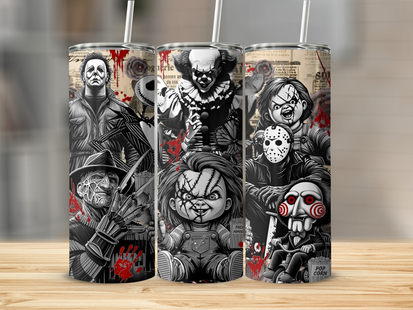 Horror movie characters collage on tumblers with popcorn and cologne labels.