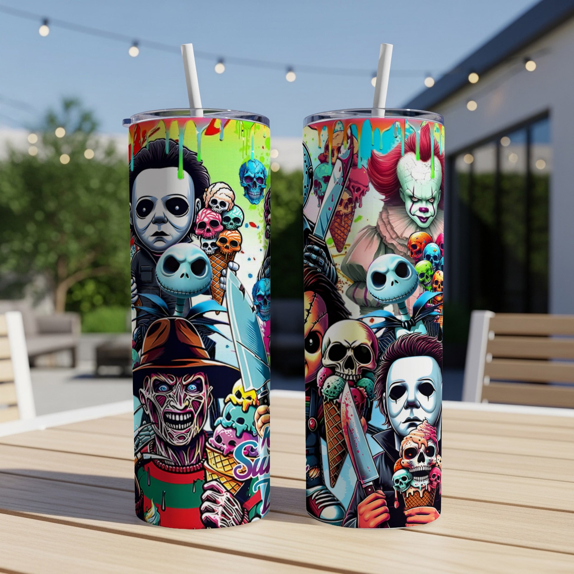 Two tumblers with Halloween horror characters and ice cream illustrations.