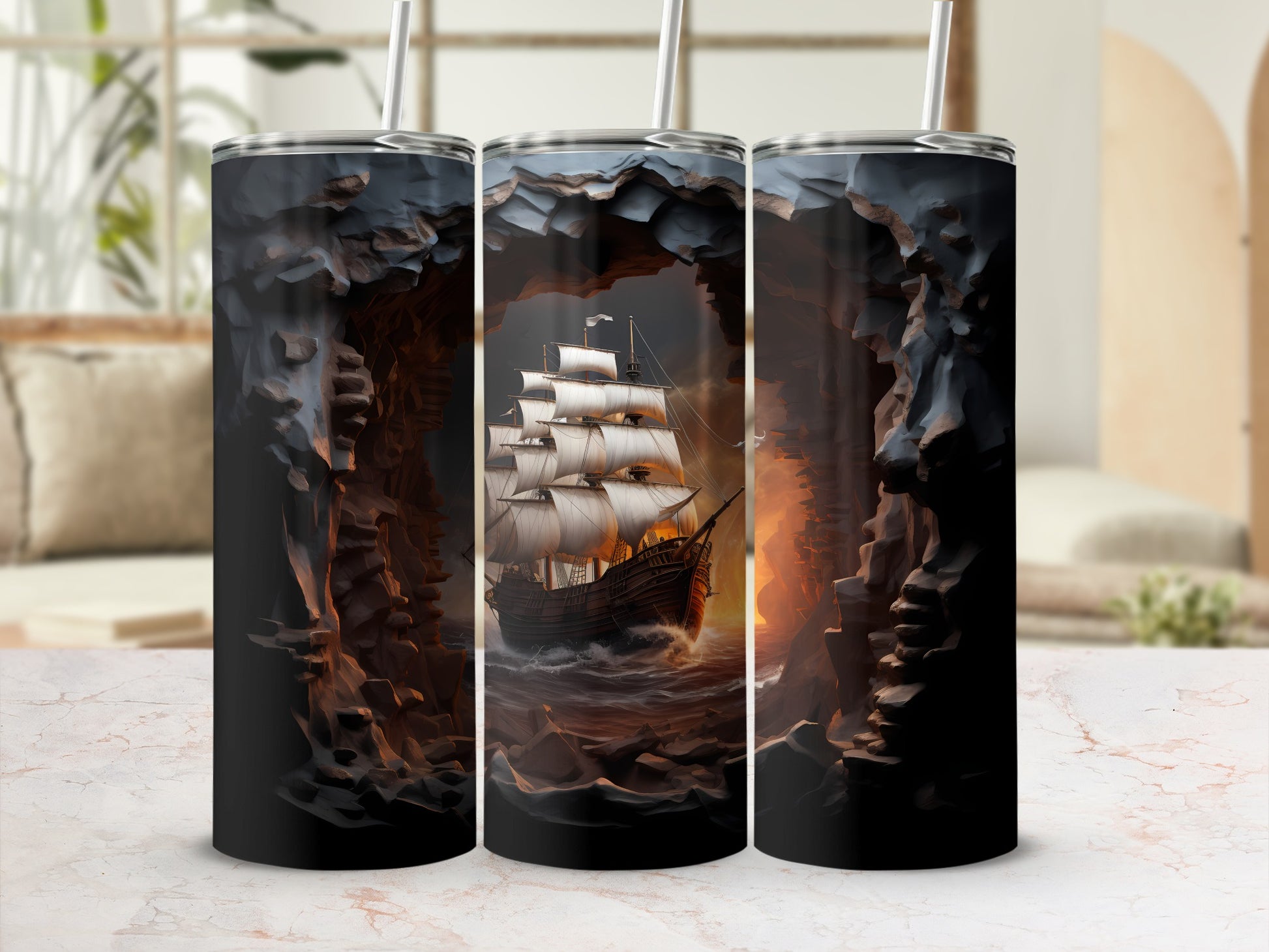 Tall tumbler with a pirate ship sailing out of a dark cave.