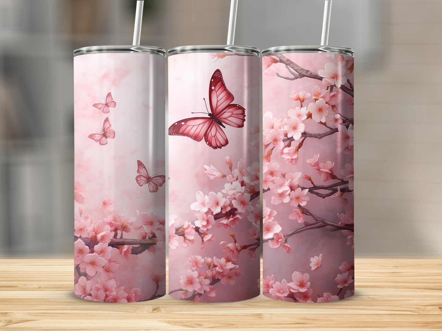 Pink Butterfly and Cherry Blossom Design Tumbler