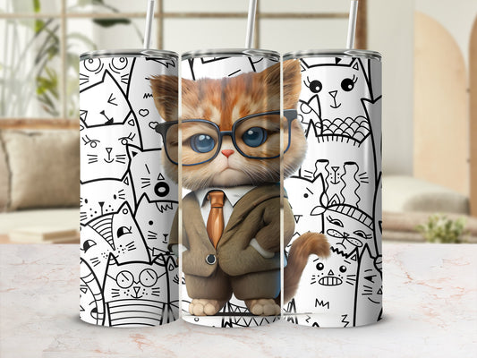 Cute Cat Design with Glasses Pattern Tumbler Cup