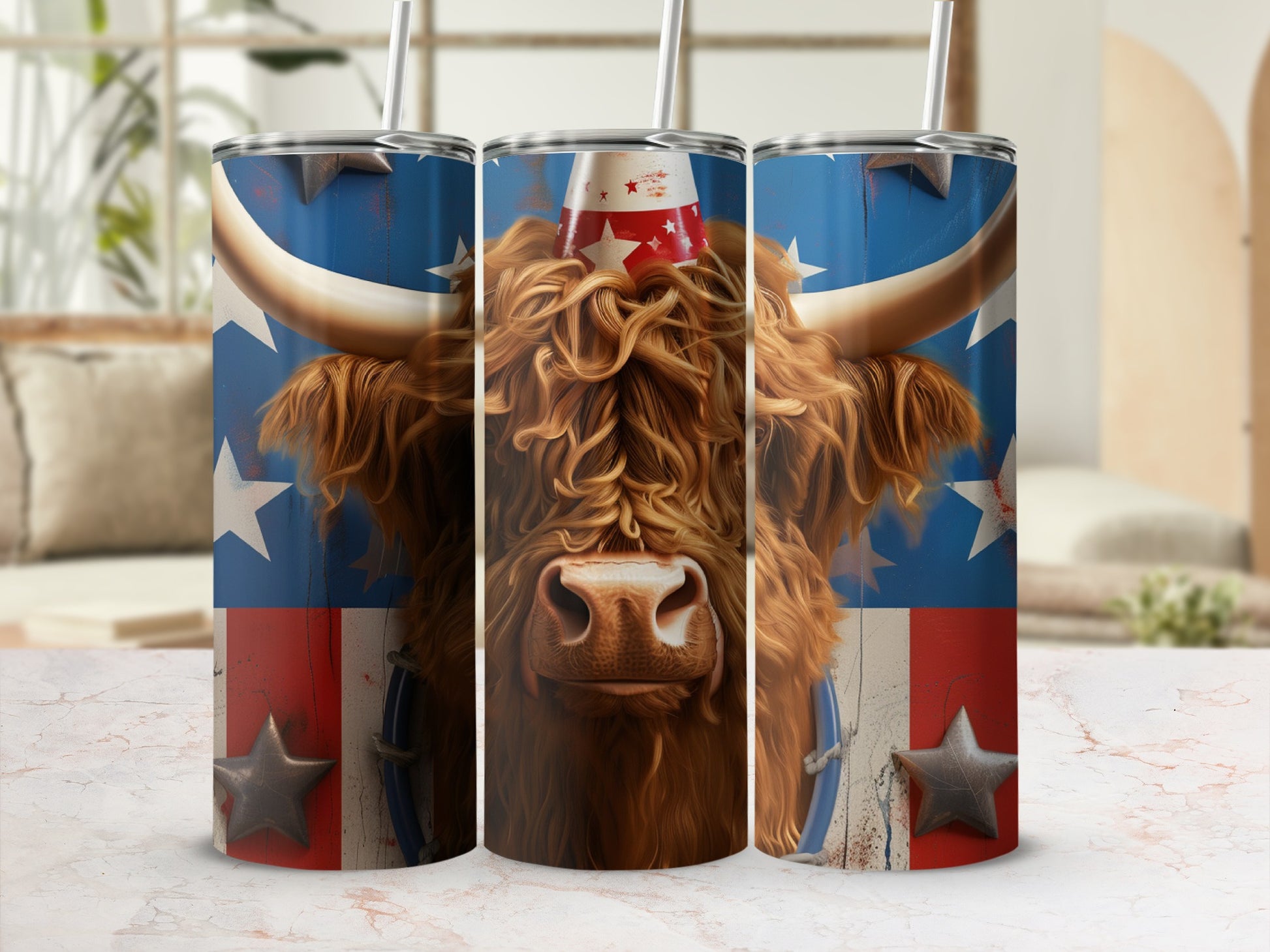 Highland cow wearing party hat on star-spangled blue and red background.