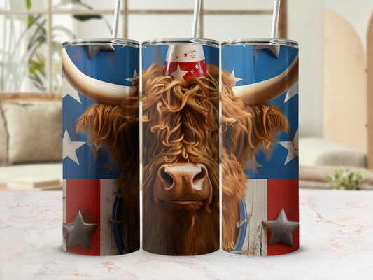 Highland cow wearing party hat on star-spangled blue and red background.