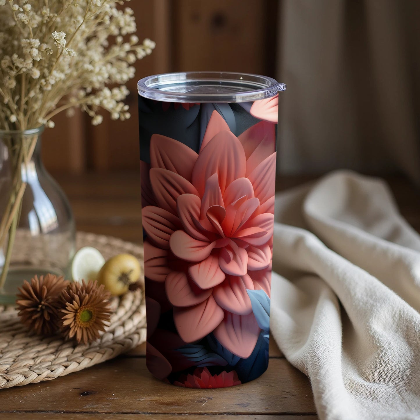 Floral Design Tumbler with Pink Blossom Artwork Cup