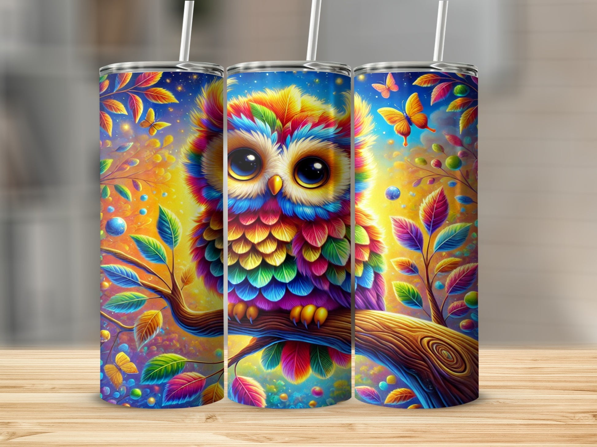 Colorful Owl and Nature Design Tumbler Cup Product