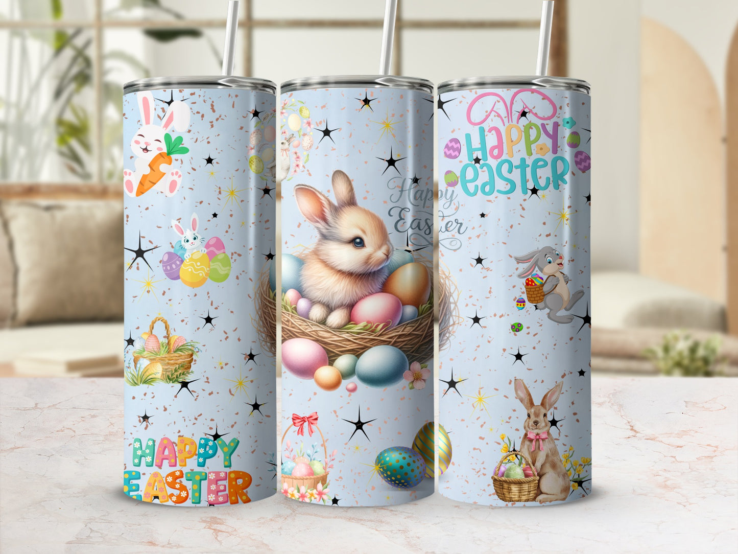 Happy Easter Design with Bunnies and Eggs Tumbler