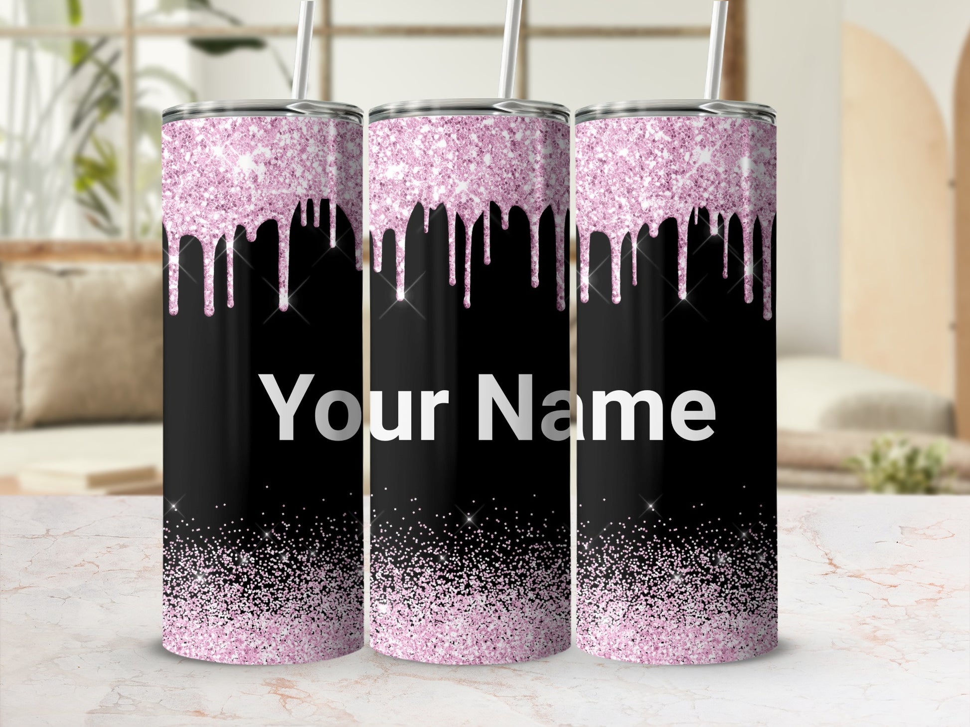 Personalized Glitter Drip Design Tumbler Elegant Flask