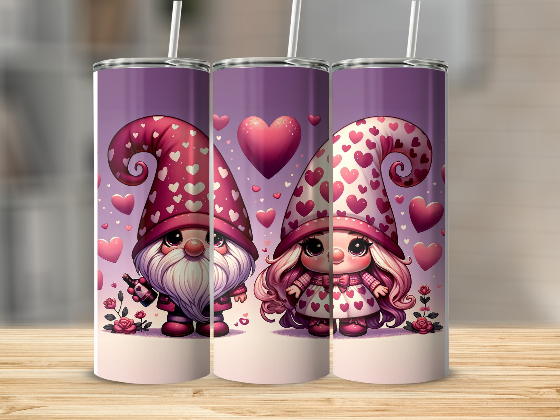 Two Valentine's Day gnomes, one with a beard, surrounded by hearts.
