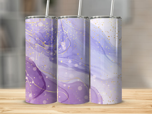 Three tumblers with purple watercolor and gold splatter design.