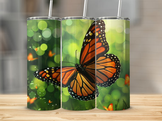 Monarch butterfly on a green blurred background with bokeh lights.