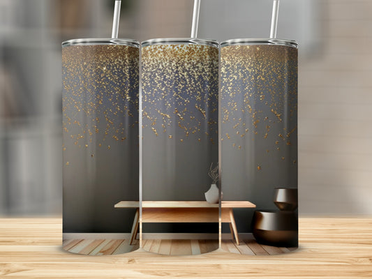 Three tumblers with gold glitter overlay on a dark background.