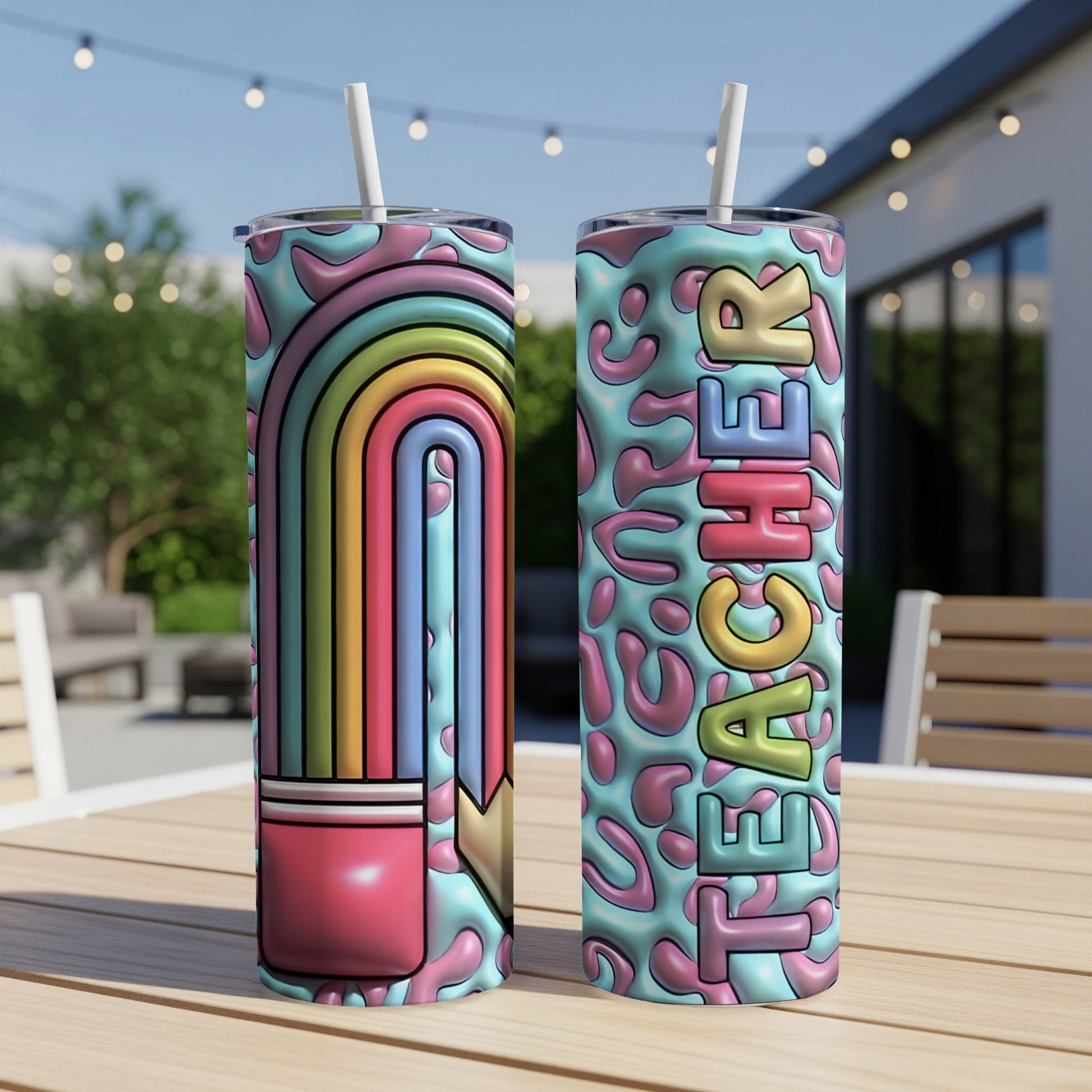 Two tall tumblers with colorful rainbow and leopard print designs, one says "TEACHER".