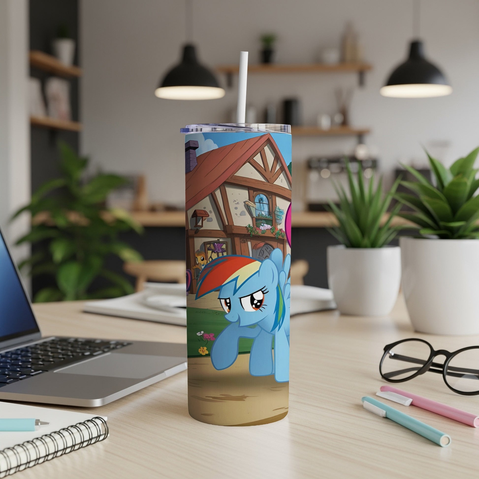 Rainbow Dash from My Little Pony on a tumbler in a home office.