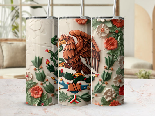 Mexican flag eagle and snake design on a white tumbler with floral accents.