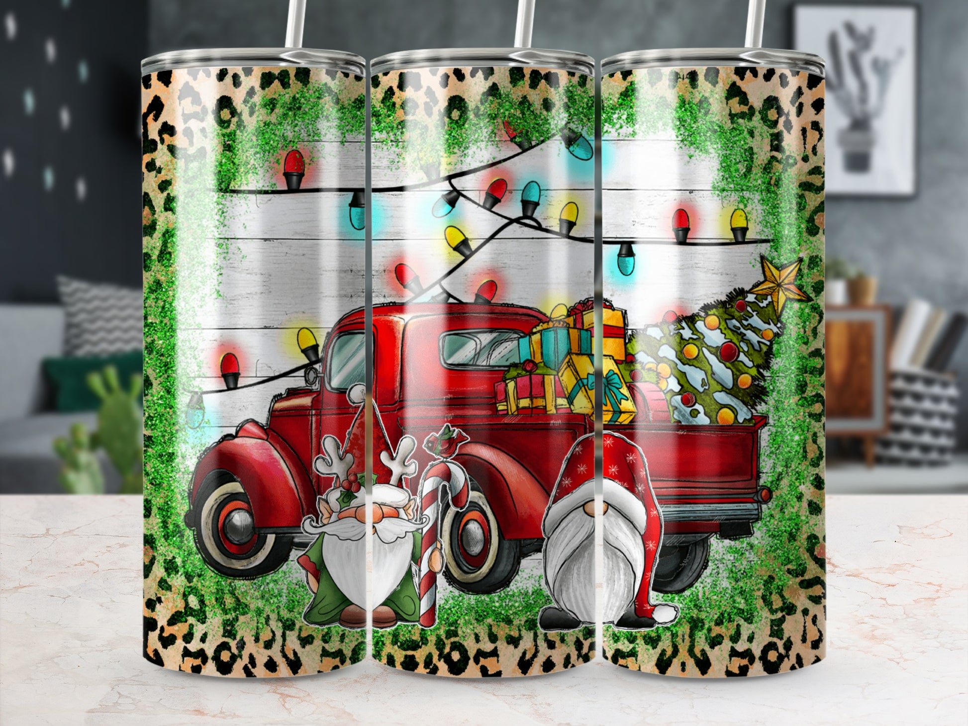 Red truck with Christmas tree, gifts, and gnomes on leopard print background.