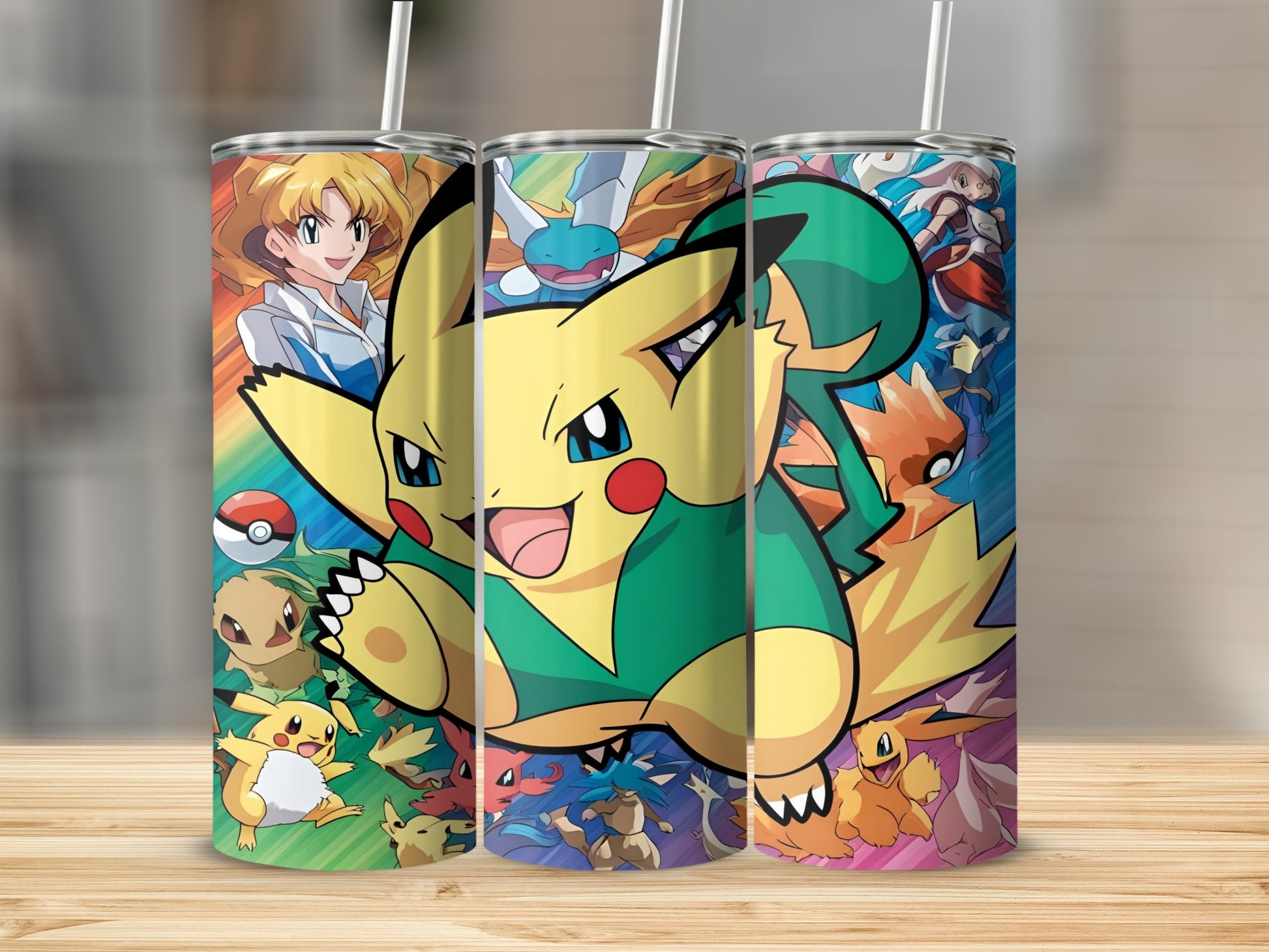 Pikachu and other Pokémon characters on a colorful tumbler.