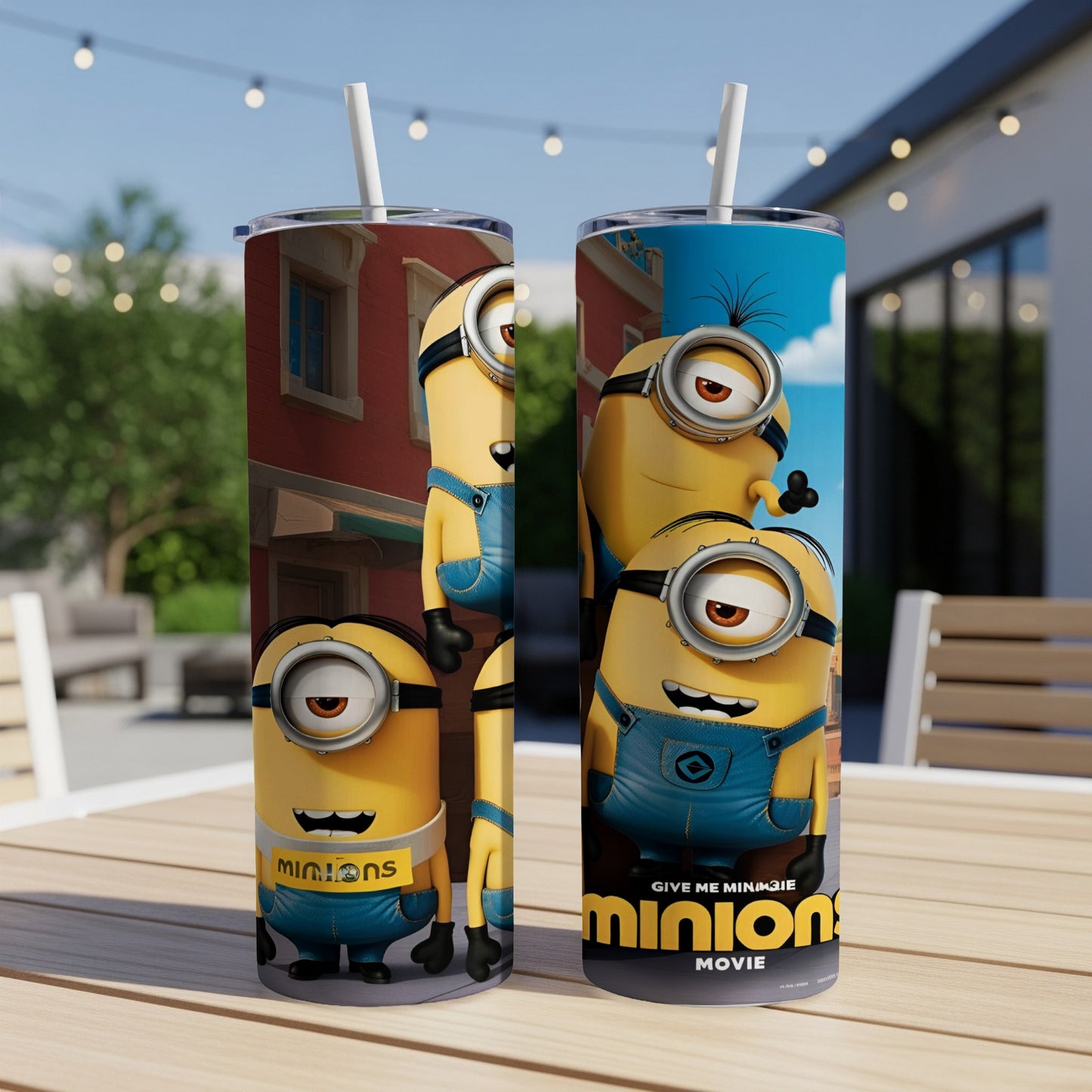 Two Minion tumblers with "Minions Movie" text on a table outdoors.