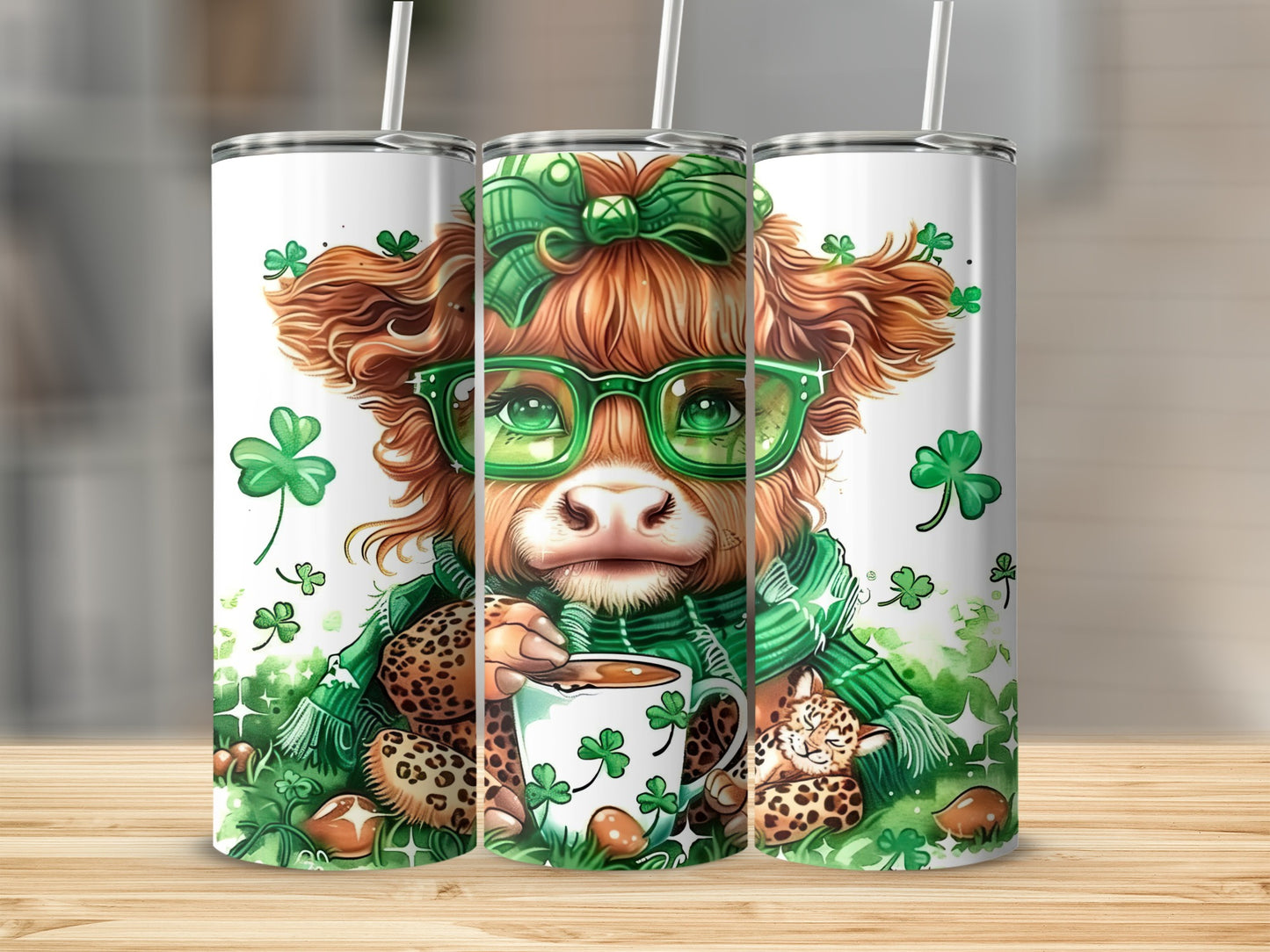 St. Patrick's Day Highland cow with clover, scarf, and green glasses.
