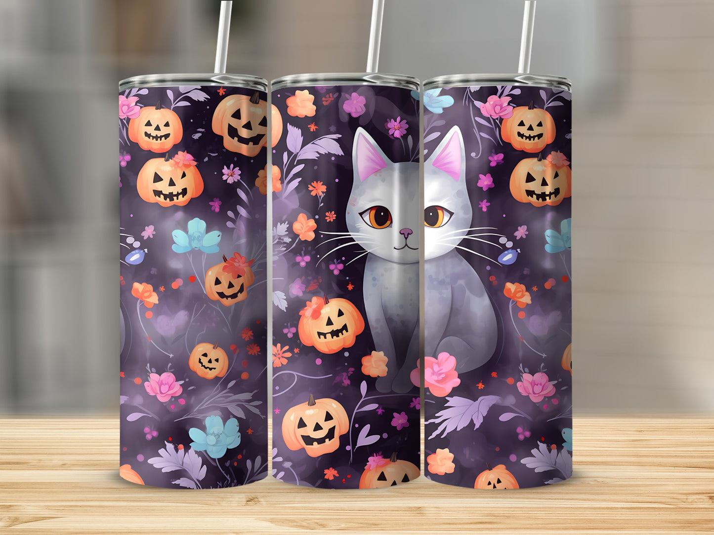 Three tumblers with a gray cat and Halloween pumpkin pattern.