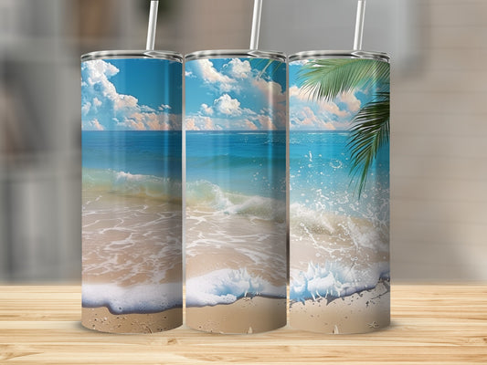Three beach scene tumblers with palm fronds and ocean waves.