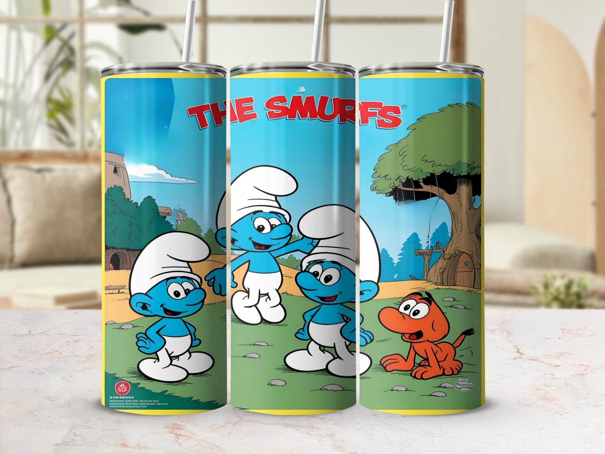 The Smurfs characters with a dog on a grassy hill with trees.
