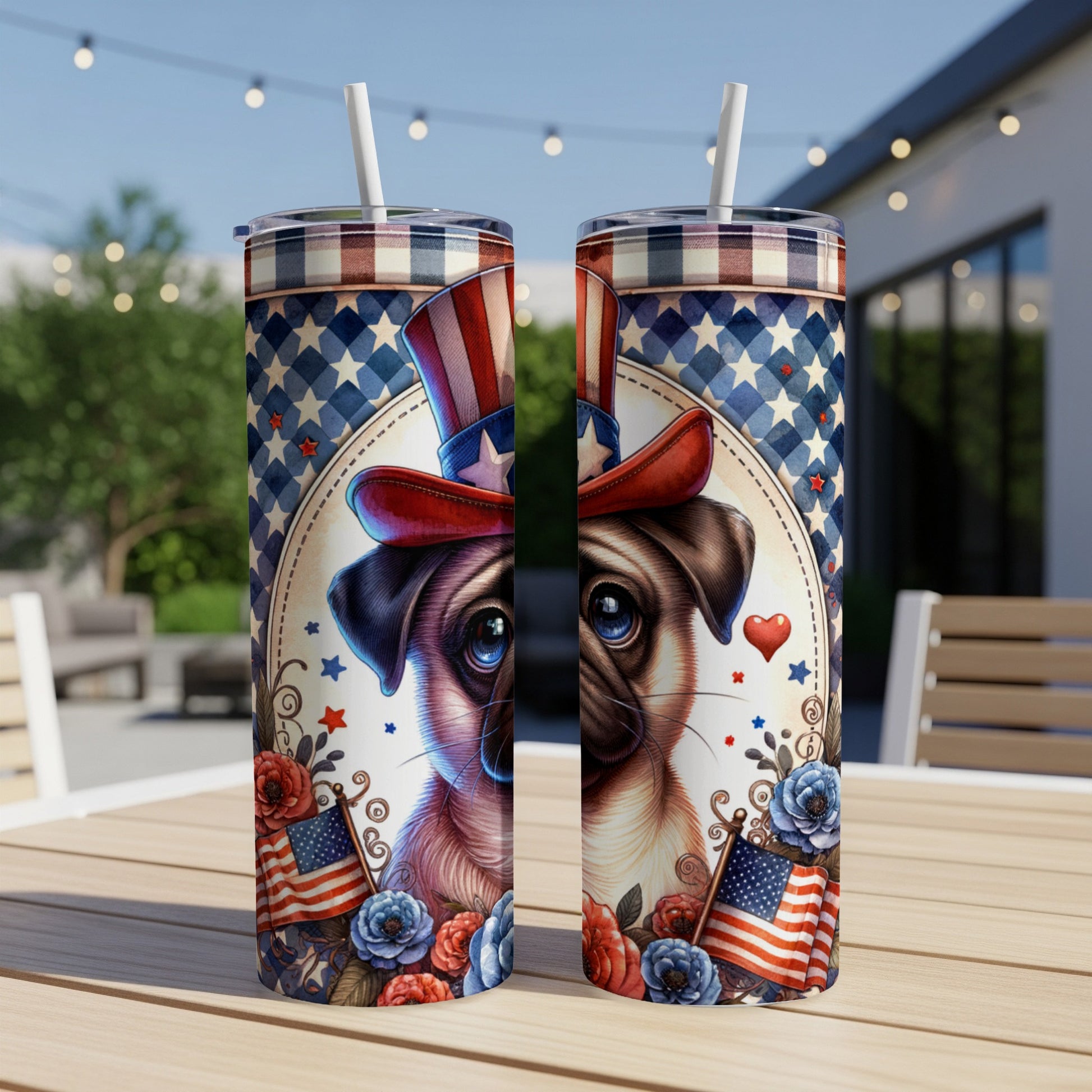 Pug in a patriotic hat with American flags and red, white, and blue stars.