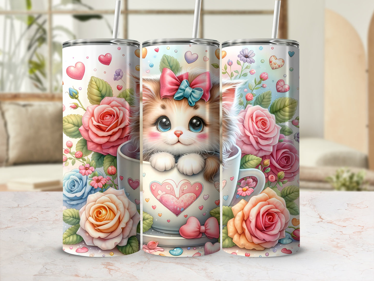 Cute kitten with bow peeking from coffee cup surrounded by roses.