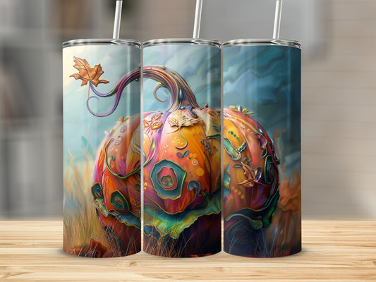 Ornate, colorful pumpkin design on a tumbler with straw.