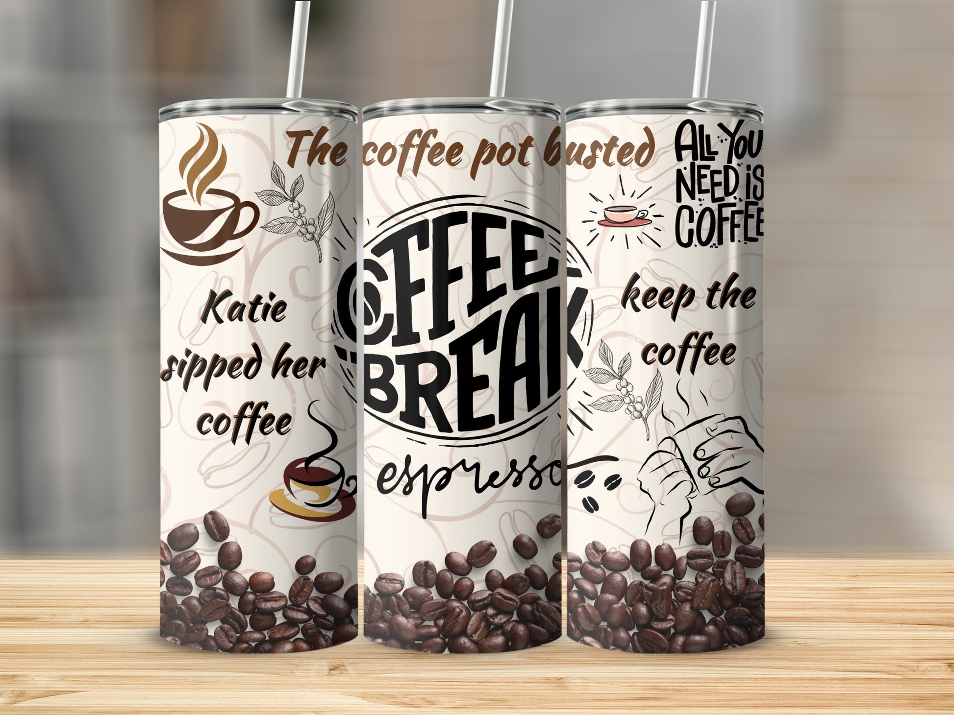 Coffee Themed Insulated Tumbler with Straw 20oz Cup