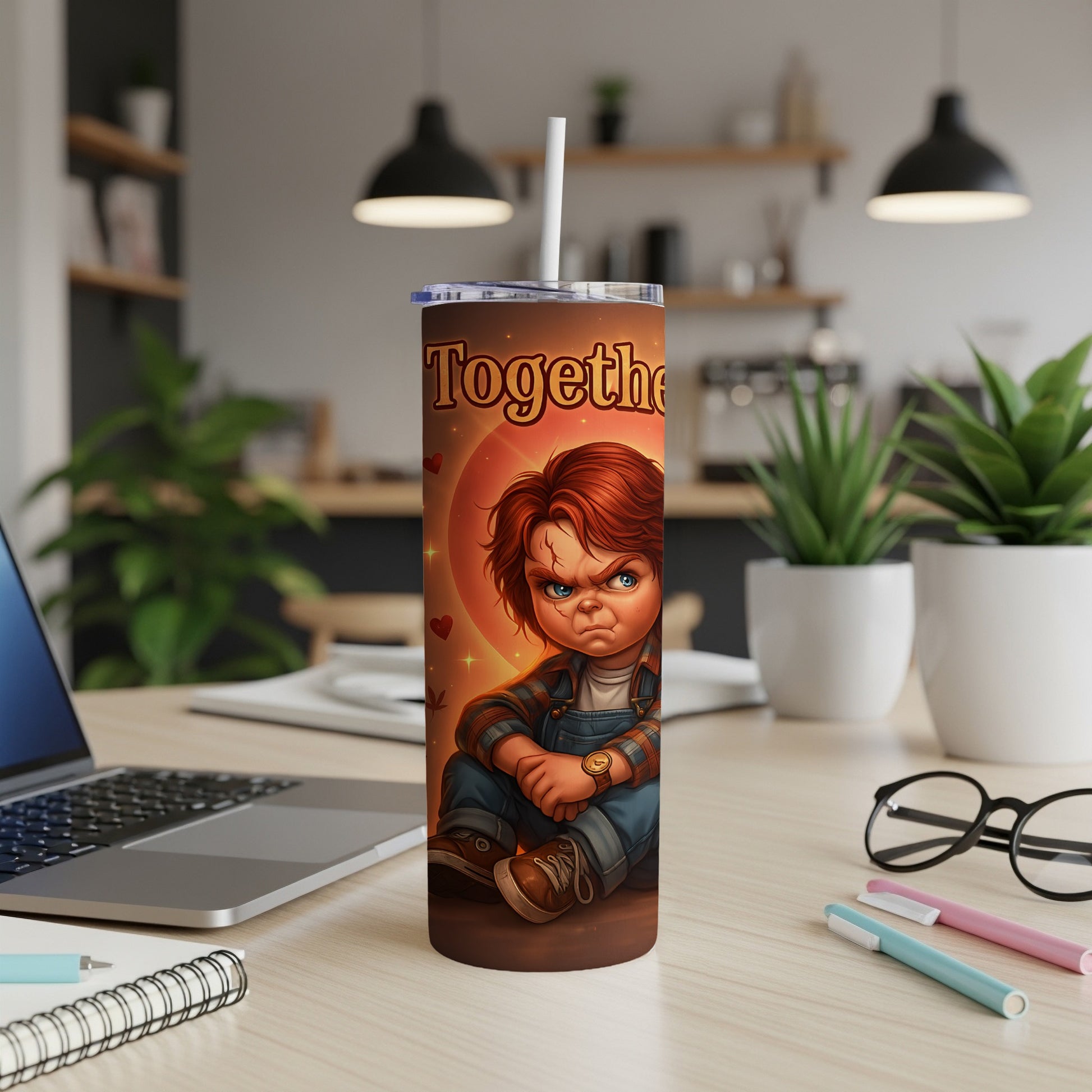 Tumbler with Chucky illustration and the word "Together" in orange text.