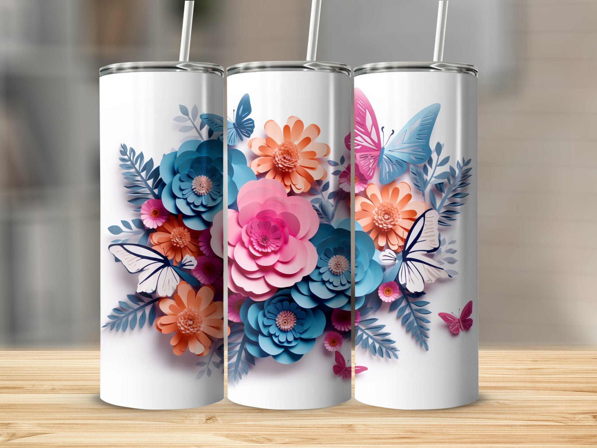 Colorful Floral and Butterfly Double-Wall Tumbler 12oz