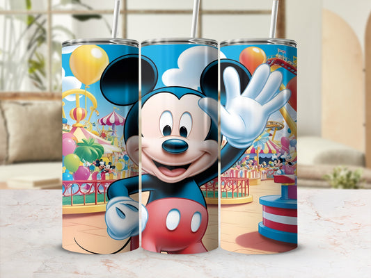 Mickey Mouse waving in front of a colorful amusement park scene.