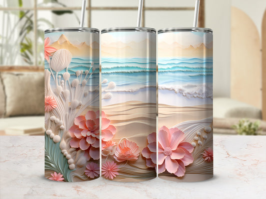 Paper Cut Ocean Beach Mountains Pink Floral Tumbler product type