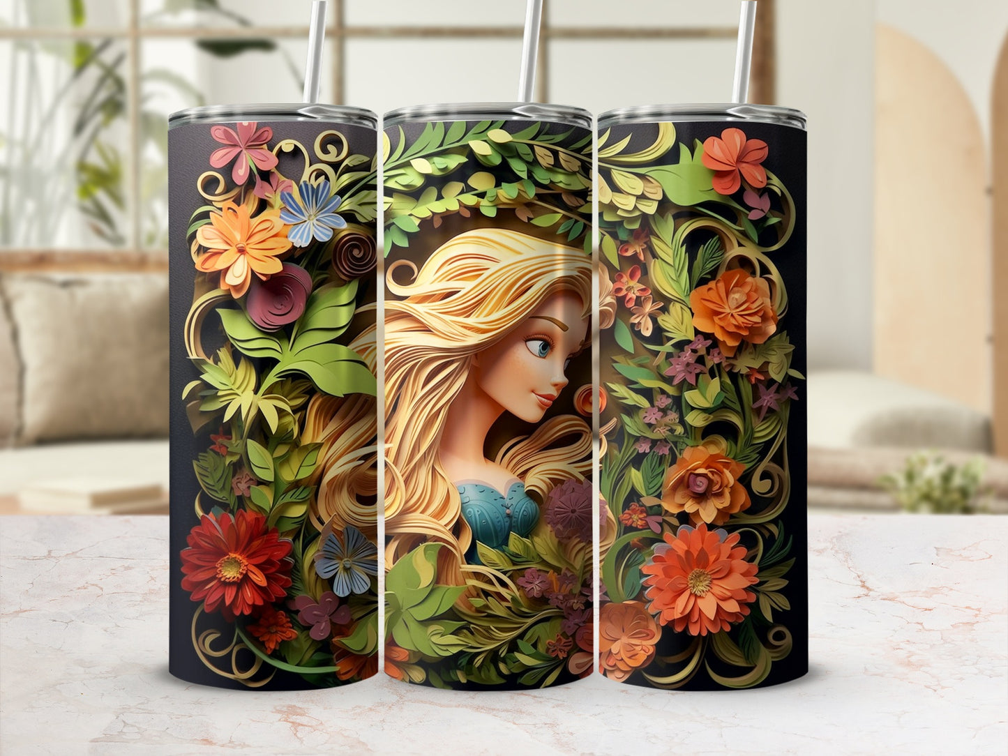 Floral Fantasy Tumbler with Enchanting Woman Design