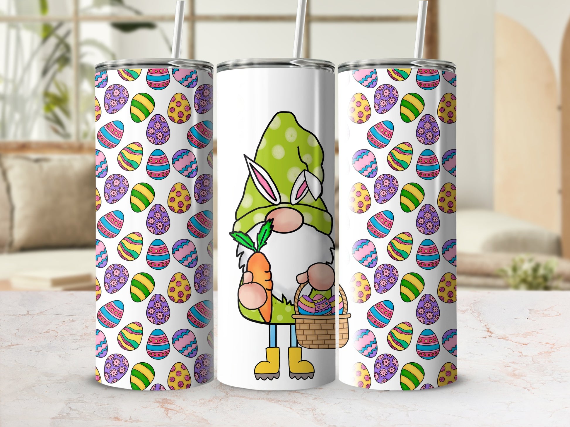 Easter gnome with carrot and basket on patterned tumblers.