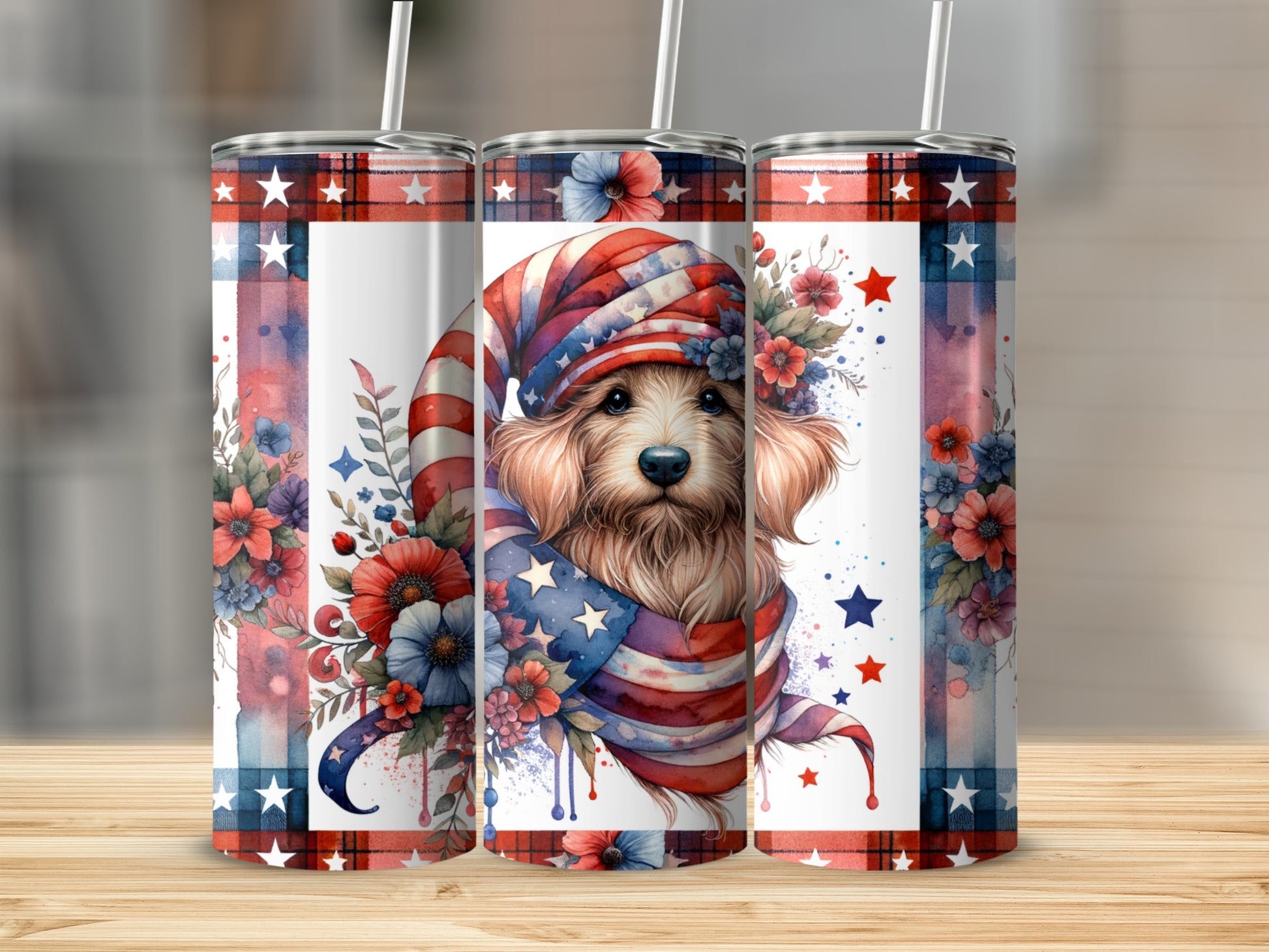 Fluffy dog wearing patriotic bandana and hat, surrounded by flowers and stars.