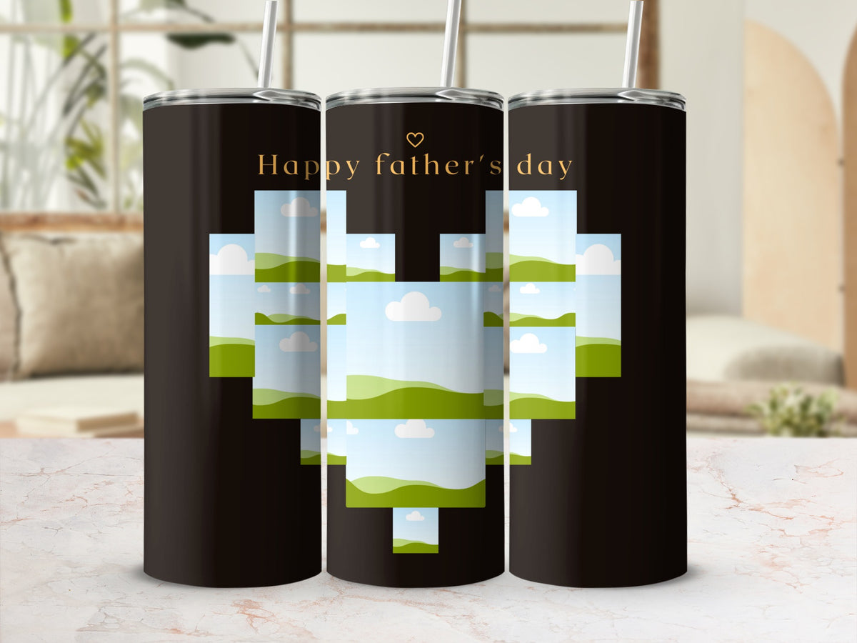 Black tumblers with a heart made of landscape photos and "Happy father's day" text.